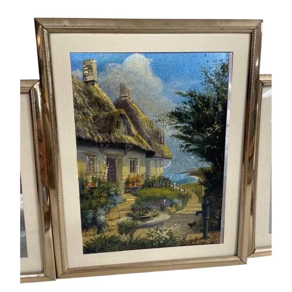 VTG Foil Etching Reflective Trees House Cottage Lake Art 3D Framed No Glass 8x10